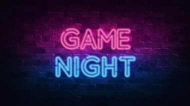 oyun gece neon işareti. mor ve mavi parıltı. neon metin. Neon lambalar tarafından aydınlatılmış tuğla duvar. Duvarda gece aydınlatması. 3d illüstrasyon. Trendy Tasarım. ışık afiş, parlak reklam