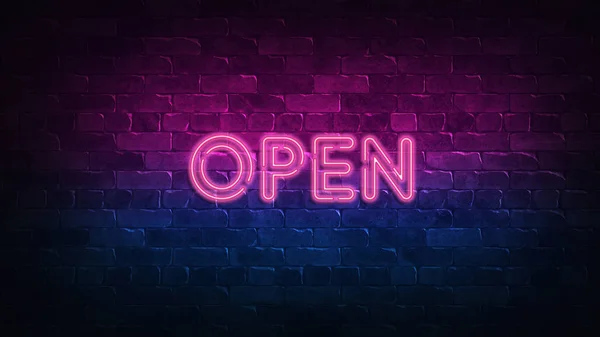 Open neon sign. purple and blue glow. neon text. Brick wall lit by neon lamps. Night lighting on the wall. 3d illustration. Trendy Design. light banner, bright advertisement — Stock Photo, Image