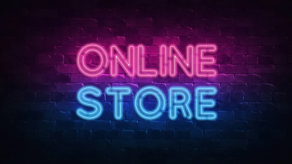 online store neon sign. purple and blue glow. neon text. Brick wall lit by neon lamps. Night lighting on the wall. 3d illustration. Trendy Design. light banner, bright advertisement