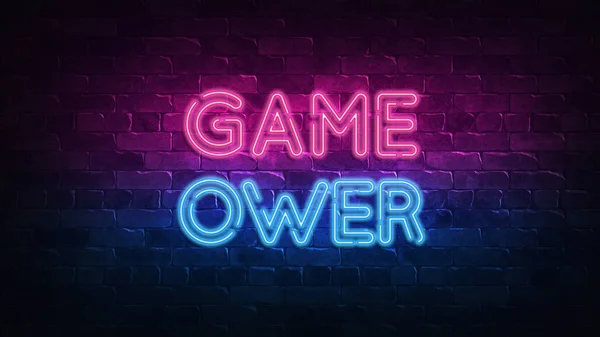 game over neon sign. purple and blue glow. neon text. Brick wall lit by neon lamps. Night lighting on the wall. 3d illustration. Trendy Design. light banner, bright advertisement