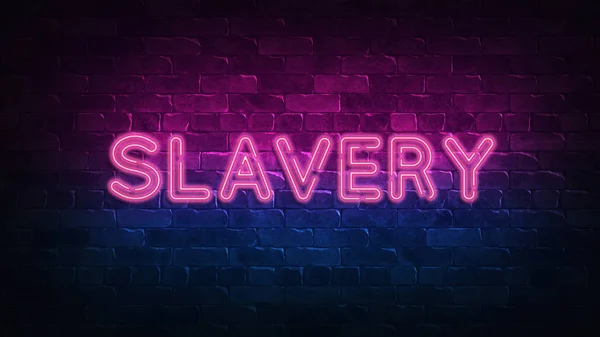 Slavery neon sign. purple and blue glow. neon text. Brick wall lit by neon lamps. Night lighting on the wall. 3d illustration. Trendy Design. light banner, bright advertisement — Stock Photo, Image