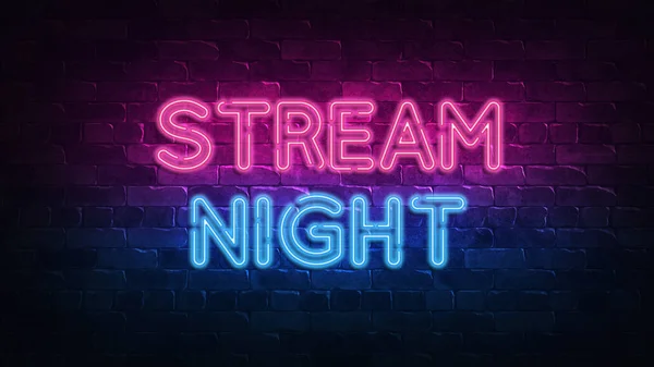 Leuchtreklame in der Nacht. violett und blau leuchten. Neon-Text. Ziegelwand beleuchtet von Neonlampen. Nachtbeleuchtung an der Wand. 3D-Illustration. trendiges Design. Lichtbanner, helle Werbung — Stockfoto