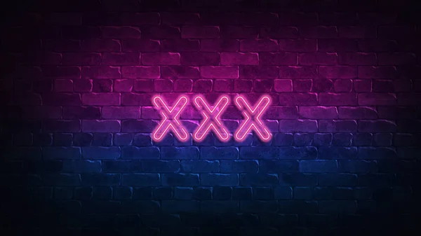 Semn neon xxx. violet și strălucire albastră. neon text. Zidul de cărămidă aprins de lămpi de neon. Iluminat de noapte pe perete. Ilustrație 3d. Design la modă. banner luminos, reclamă luminoasă — Fotografie, imagine de stoc