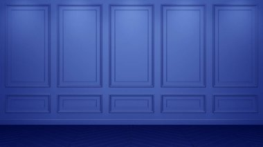 Kopya alanı ile klasik mavi iç. Klasik dekora sahip kırmızı duvarlar. Zemin parke ringa kemiği. 3d render