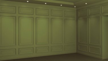 Kopya alanı ile klasik zeytin iç. Klasik dekora sahip kırmızı duvarlar. Zemin parke ringa kemiği. 3d render