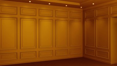 Kopya alanı ile klasik turuncu iç. Klasik dekora sahip kırmızı duvarlar. Zemin parke ringa kemiği. 3d render