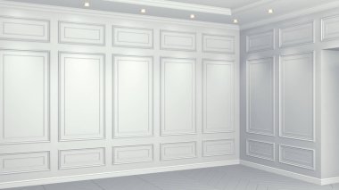 Kopya alanı ile klasik beyaz iç. Klasik dekora sahip kırmızı duvarlar. Zemin parke ringa kemiği. 3d render