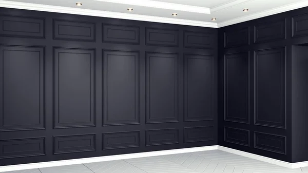 Klasyczny czarny wnętrze Studio makiety renderowania 3D. Pusty pokój do montażu. — Zdjęcie stockowe