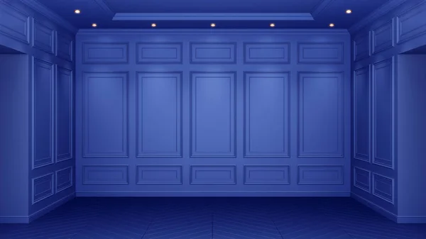 Intérieur bleu classique avec espace de copie. Murs rouges avec décor classique. Parquet au sol chevrons. Rendu 3d — Photo