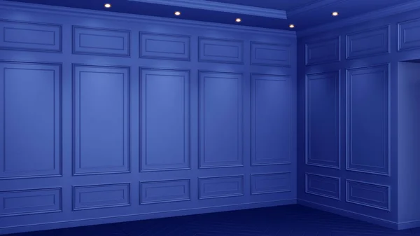 Klasyczne niebieskie wnętrze z przestrzenią na kopie. Czerwone ściany o klasycznym wystroju wnętrz. Parkiet podłogowy jodełkę. Renderowanie 3D — Zdjęcie stockowe