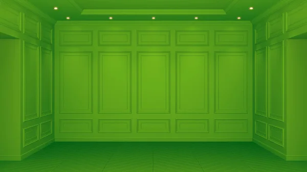 Intérieur vert classique avec espace de copie. Murs rouges avec décor classique. Parquet au sol chevrons. Rendu 3d — Photo