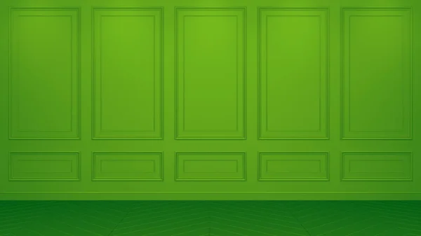 Klasyczne zielone wnętrze z przestrzenią na kopie. Czerwone ściany o klasycznym wystroju wnętrz. Parkiet podłogowy jodełkę. Renderowanie 3D — Zdjęcie stockowe