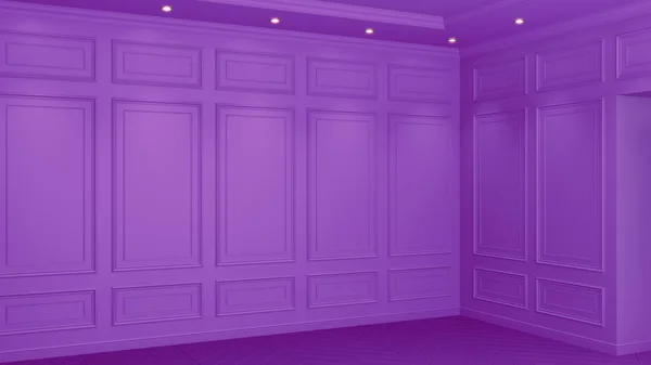 Intérieur violet classique avec espace de copie. Murs rouges avec décor classique. Parquet au sol chevrons. Rendu 3d — Photo