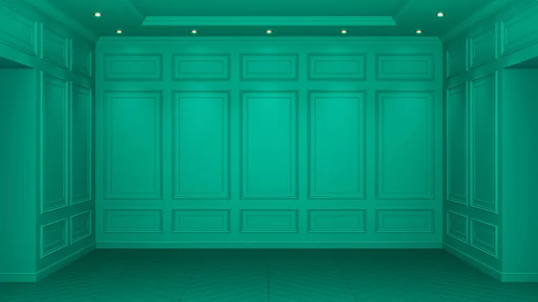 Intérieur classique turquoise avec espace de copie. Murs rouges avec décor classique. Parquet au sol chevrons. Rendu 3d — Photo
