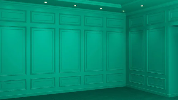 Intérieur classique turquoise avec espace de copie. Murs rouges avec décor classique. Parquet au sol chevrons. Rendu 3d — Photo