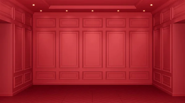 Intérieur rouge classique avec espace de copie. Murs rouges avec décor classique. Parquet au sol chevrons. Rendu 3d — Photo