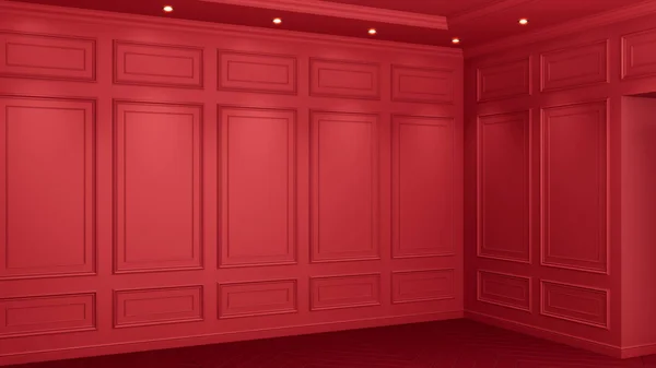 Klasyczne czerwone wnętrze z przestrzenią na kopie. Czerwone ściany o klasycznym wystroju wnętrz. Parkiet podłogowy jodełkę. Renderowanie 3D — Zdjęcie stockowe