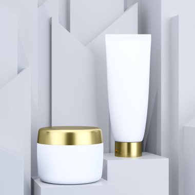 Kozmetik şişe mock-up ambalaj tasarımı için gri soyut arka plan ile Gerçekçi reklam konsepti. Yüz bakımı. Ürün paketi maket. Şablon tasarım öğesi. 3d illüstrasyon