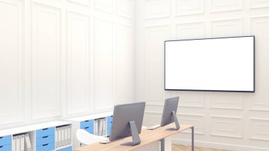 Whall üzerinde boş büyük ekran ile modern temiz çalışma alanı mockup. Modern beyaz ofis. İki iş. ahşap tezgah. duvarlarda dekor. 3d render