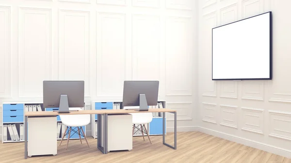 Large white screen for presentations. Modern 3d render with office interion white background for lifestyle design. Modern loft interior. Office Comfortable workplace. Loft desk space. Loft style room.