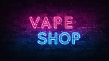 Vape dükkanı neon işareti. mor ve mavi parıltı. neon metin. Neon lambalar tarafından aydınlatılmış tuğla duvar. Duvarda gece aydınlatması. 3d illüstrasyon. Trendy Tasarım. ışık afiş, parlak reklam