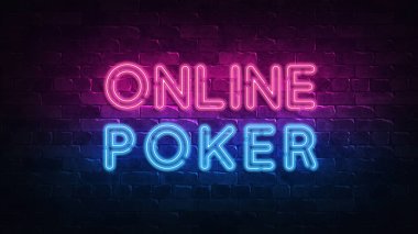 ışık arka plan retro tarzında online poker neon signboard. Kumar servet şansı. Talih işareti. Parlak tabela, ışık afişi. Parlayan neon ışığı. Banner reklam. 3d Render