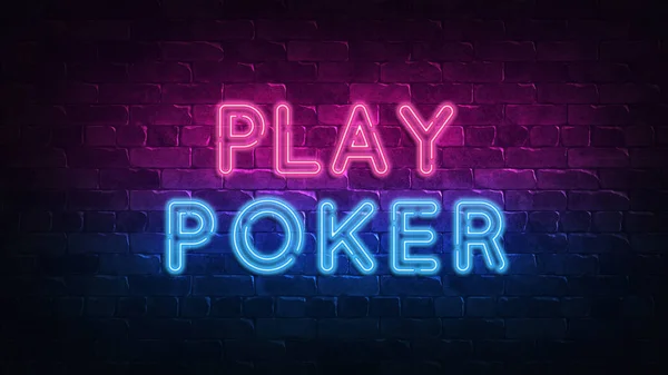 Play poker neon sign. Fortune chance jackpot. Poker cards casino background. purple and blue glow. neon text. Brick wall lit by neon lamps. 3d illustration. Trendy Design. bright advertisement