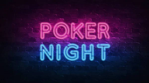 Poker night neon signboard in retro style. Vegas gambling concept. Night party. neon text. Brick wall lit by neon lamps. Night lighting on the wall. 3d illustration. Trendy Design