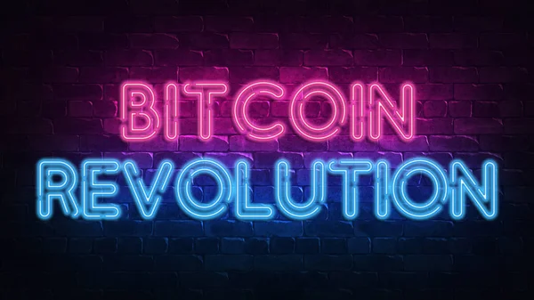 Bitcoin revolution neon signboard for banner design. Casino vegas game. Neon sign, light banner. Win fortune roulette. Fortune chance jackpot. Business background. Casino jackpot concept. 3d render