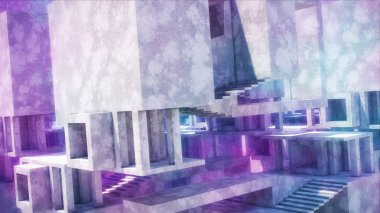 Abstract architecture made of concrete. concrete structures with bright lighting. In the distance, pink and blue smoke seeps between the structures. 3d render clipart
