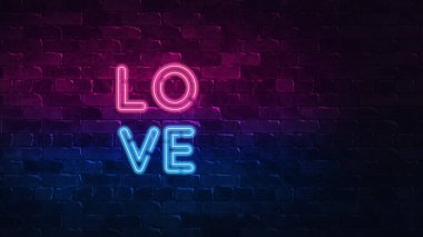 Dekorasyon tasarımı için koyu arka plan üzerinde kırmızı neon işareti aşk ile Retro koleksiyonu. Aşk kalp 3d render. Kırmızı kalp sevgililer aşk logosu.
