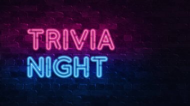 trivia gece neon işareti. mor ve mavi parıltı. neon metin. Neon lambalar tarafından aydınlatılmış tuğla duvar. Duvarda gece aydınlatması. 3d illüstrasyon. Trendy Tasarım. ışık afiş, parlak reklam