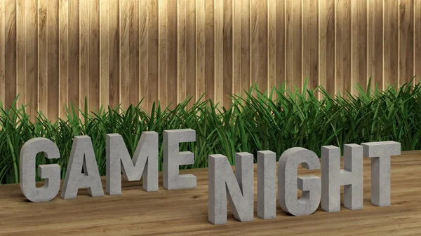 Plakat napis gra Night. Duże litery na drewnianym stole. Nowoczesna ozdobna trawa, podświetlana ściana drewnianych łat. Świetny Design Loft do dowolnych celów. Renderowanie 3D — Zdjęcie stockowe