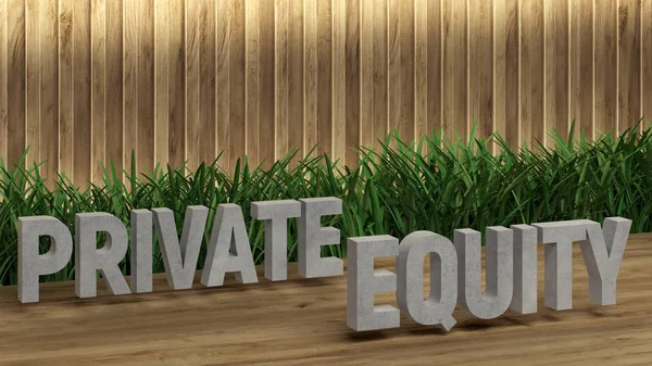Poster lettering private equity. Large letters on a wooden table. Modern decorative grass, backlit wall of wooden battens. Great Loift design for any purposes. 3d render