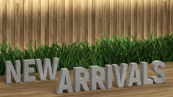 Poster lettering new arrivals. Large letters on a wooden table. Modern decorative grass, backlit wall of wooden battens. Great loft design for any purposes. 3d render