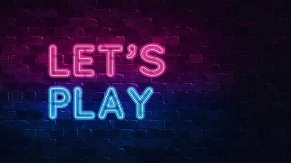 Retro 3d render banner with blue neon signboard let\'s play on colorful background for game design. 3d neon sign. Colorful design. Streaming video game. Neon banner. Concept design. Game logo.