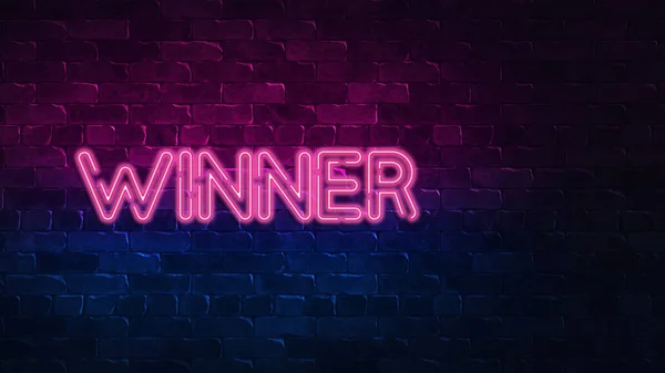 Winner neon sign. purple and blue glow. neon text. Brick wall lit by neon lamps. Night lighting on the wall. 3d illustration. Trendy Design. light banner, bright advertisement — Stock Photo, Image