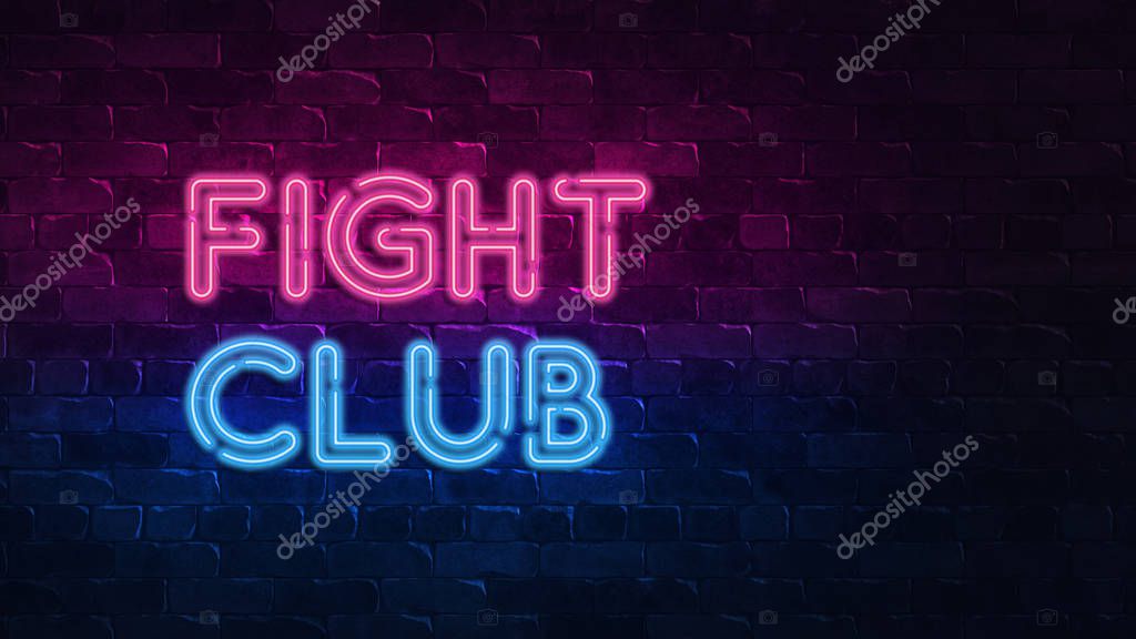 Fight club advertising concept on light backdrop. Night light signboard. Competition concept. 3d neon sign. Glowing neon light. Boxing concept. Neon sign, light banner. Advertising design.