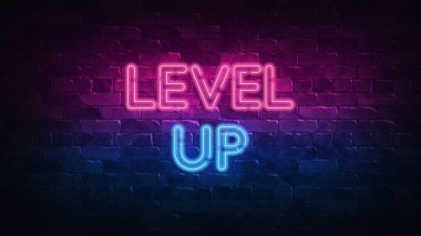 Seviye neon ışığı. mor ve mavi parıltı. Neon metin. Neon lambalarla aydınlatılan tuğla duvar. Duvarda gece aydınlatması. 3 boyutlu görüntüleme. Moda Tasarımı. Hafif afiş, parlak reklam