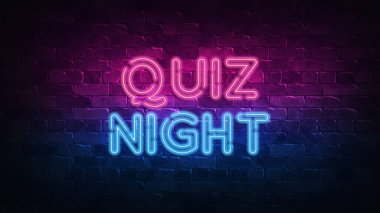 Quiz Night neon işareti. mor ve mavi parıltı. Neon metin. Neon lambalarla aydınlatılan tuğla duvar. Duvarda gece aydınlatması. 3 boyutlu görüntüleme. Moda Tasarımı. Hafif afiş, parlak reklam