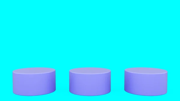 Три циліндричні подіуми синя сцена мінімальна 3d візуалізація сучасного мінімалістичного макету, порожній шаблон, порожній вітрина — стокове фото