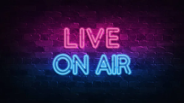 Live on air neon sign. purple and blue glow. neon text. Brick wall lit by neon lamps. Night lighting on the wall. 3d render. Trendy Design. light banner, bright advertisement