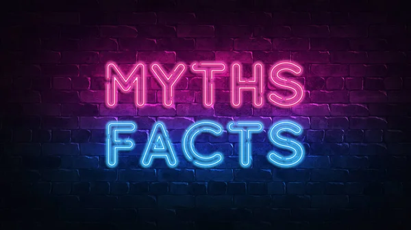 Myths Facts neon sign. purple and blue glow. neon text. Brick wall lit by neon lamps. Night lighting on the wall. 3d render. Trendy Design. light banner, bright advertisement