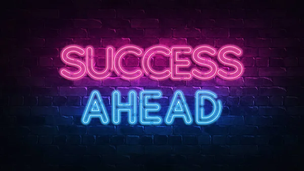 Success ahead neon sign. purple and blue glow. neon text. Brick wall lit by neon lamps. Night lighting on the wall. 3d illustration. Trendy Design. light banner, bright advertisement