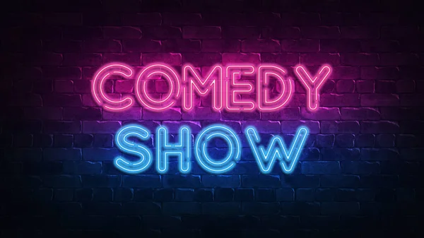 Comedy show neon sign. purple and blue glow. neon text. Brick wall lit by neon lamps. Night lighting on the wall. 3d render. Trendy Design. light banner, bright advertisement — ストック写真