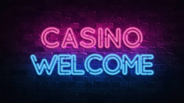 Casino señal de bienvenida neón. brillo púrpura y azul. texto de neón. Pared de ladrillo iluminada por lámparas de neón. Iluminación nocturna en la pared. 3D render. Diseño de moda. banner de luz, publicidad brillante — Foto de Stock