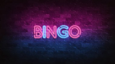 Bingo neon ışığı. mor ve mavi parıltı. Neon metin. Neon lambalarla aydınlatılan tuğla duvar. Duvarda gece aydınlatması. 3d hazırlayıcı