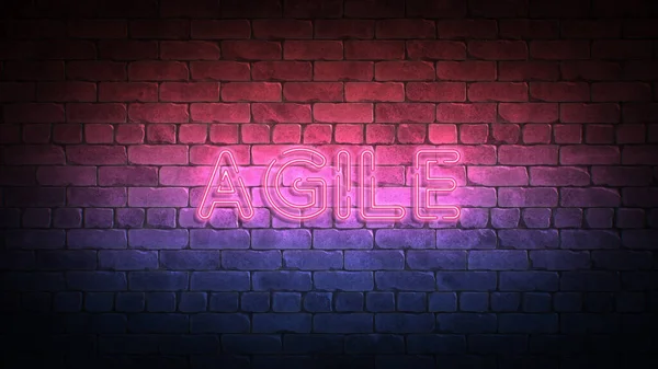 AGILE neon sign. purple and blue glow. neon text. Brick wall lit by neon lamps. Night lighting on the wall. 3d illustration. High quality 3d illustration