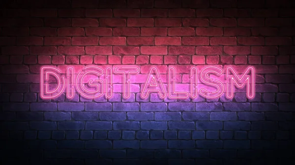 Digitale Leuchtreklame Violett Und Blau Leuchten Neon Text Ziegelwand Beleuchtet — Stockfoto