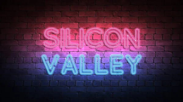 Silicon Valley Neon Sign Fialová Modrá Záře Neonový Text Cihlová — Stock fotografie